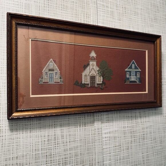 Vintage Framed Matted Cross Stitched Embroidered Folk Art Cabin/Church/LakeCabin - Picture 9 of 16